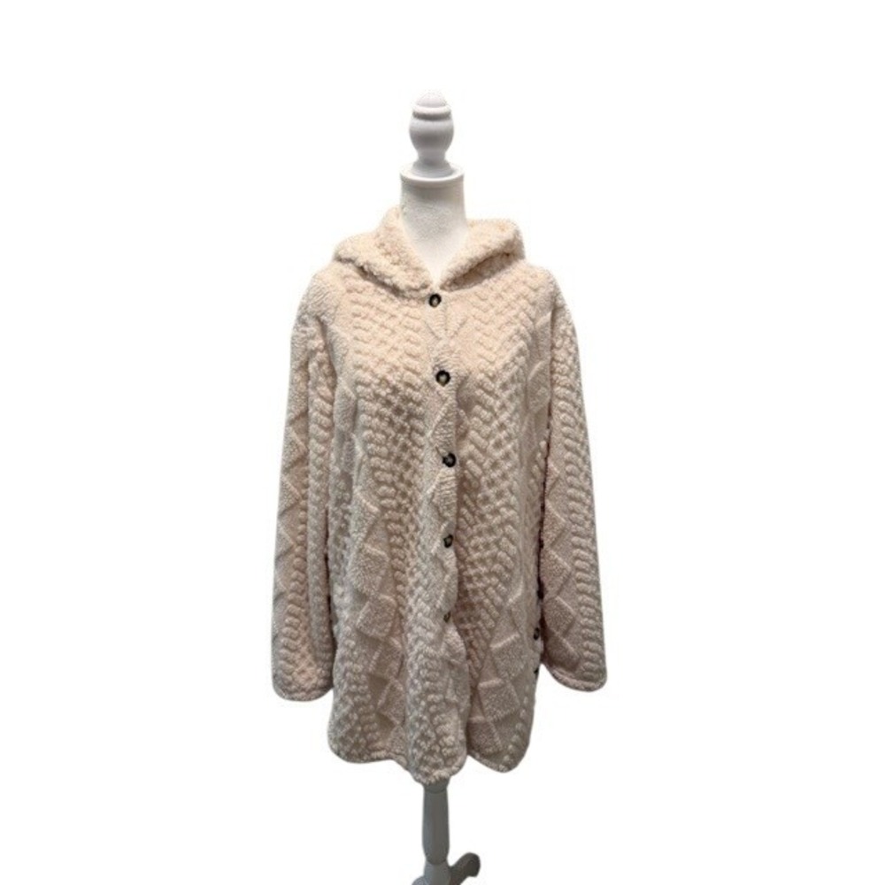 Womens XL Sherpa Fleece Hooded Jacket Cable Knit Textured Cream Cozy Cardigan